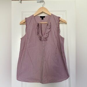 J. Crew Burgundy and White Striped Ruffle V-Neck Sleeveless Shirt